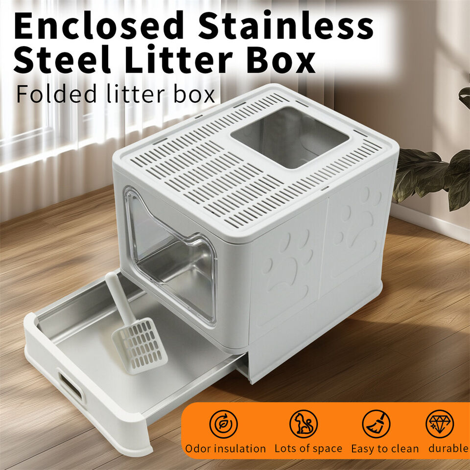 Stainless Steel Enclosed Cat Litter Box Top Exit Pet Toilet Box w/ Litter Scoop V767-P-XM1768