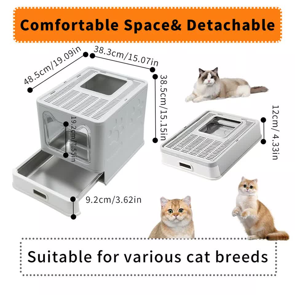 Stainless Steel Enclosed Cat Litter Box Top Exit Pet Toilet Box w/ Litter Scoop V767-P-XM1768