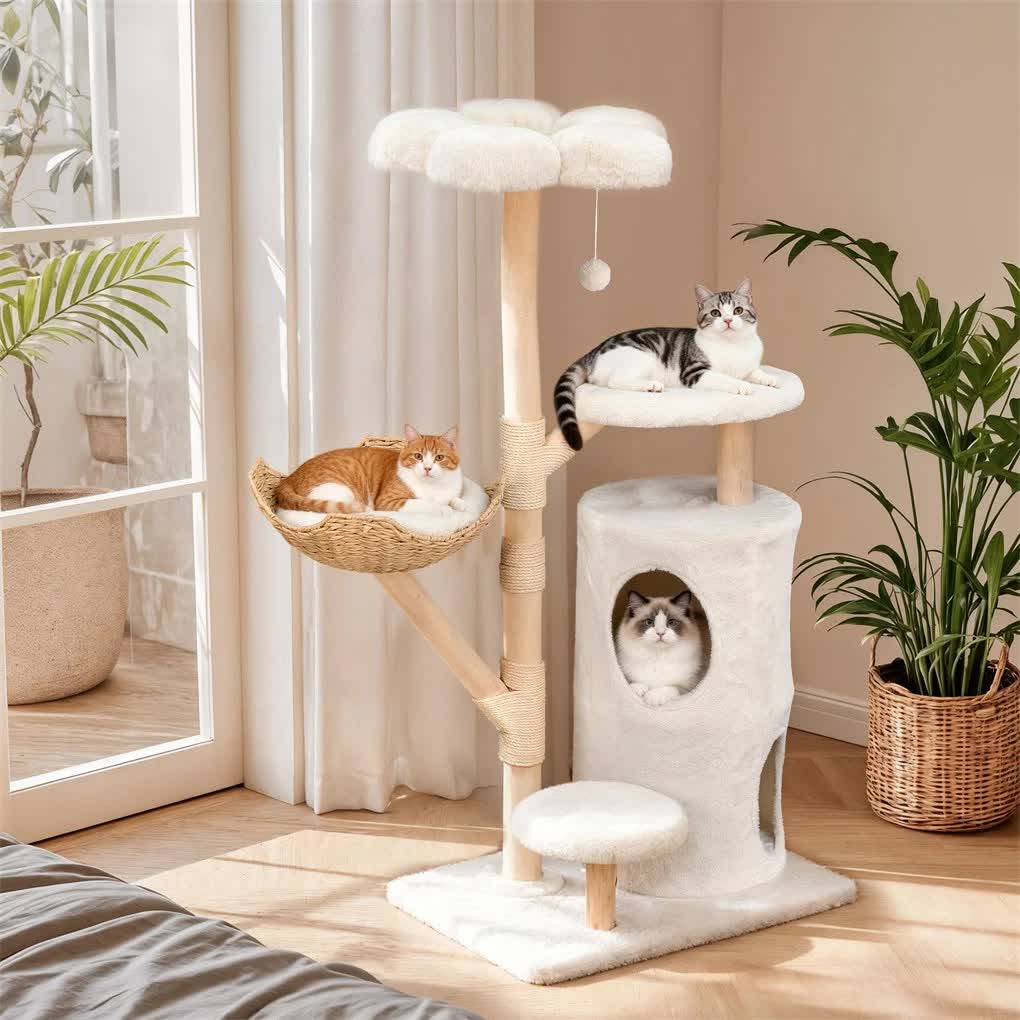 142cm Large Tall Cat Tree Tower with Soft Flower Perch & Condo - Multi-Level Cat Furniture for Kittens & V767-P-XM1866-WT