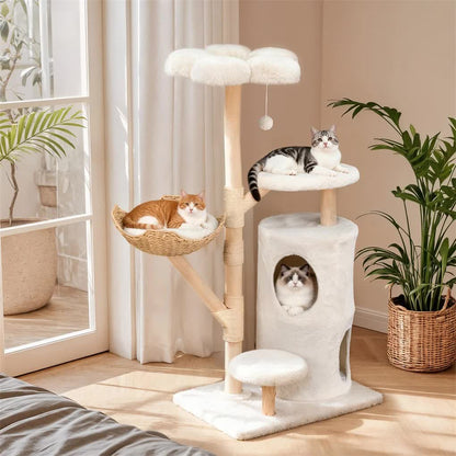 142cm Large Tall Cat Tree Tower with Soft Flower Perch & Condo - Multi-Level Cat Furniture for Kittens & V767-P-XM1866-WT