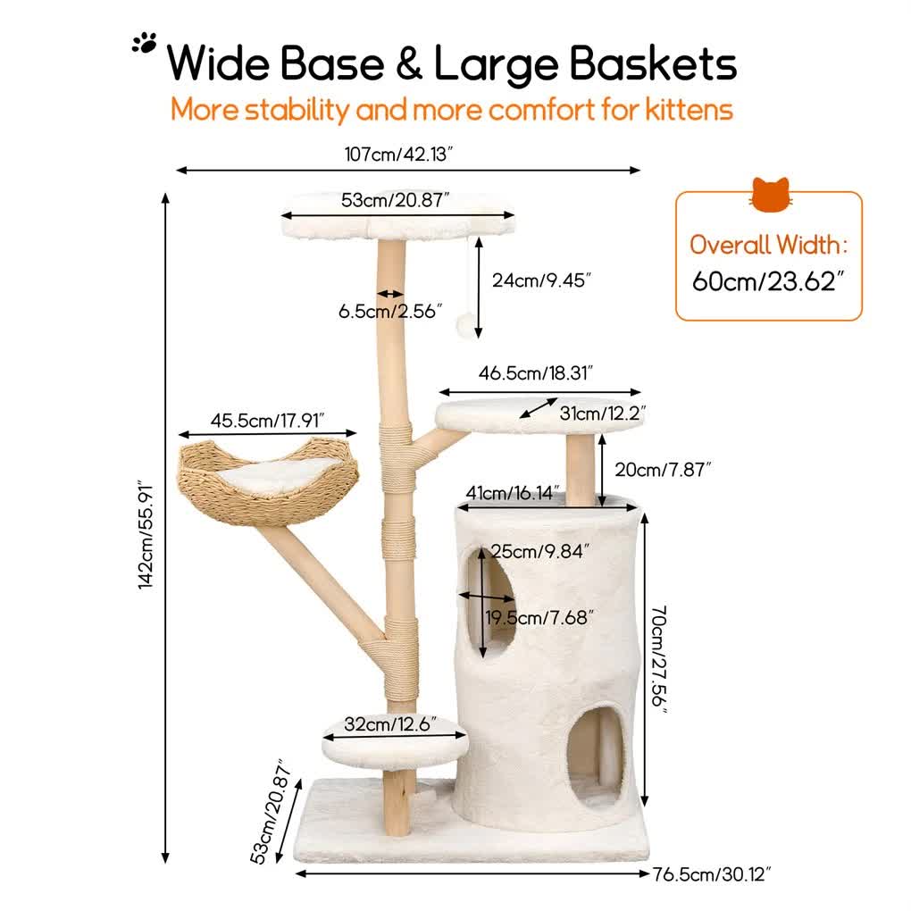 142cm Large Tall Cat Tree Tower with Soft Flower Perch & Condo - Multi-Level Cat Furniture for Kittens & V767-P-XM1866-WT