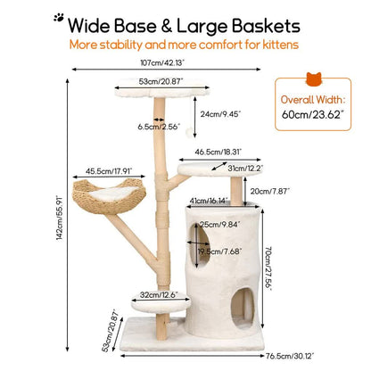 142cm Large Tall Cat Tree Tower with Soft Flower Perch & Condo - Multi-Level Cat Furniture for Kittens & V767-P-XM1866-WT