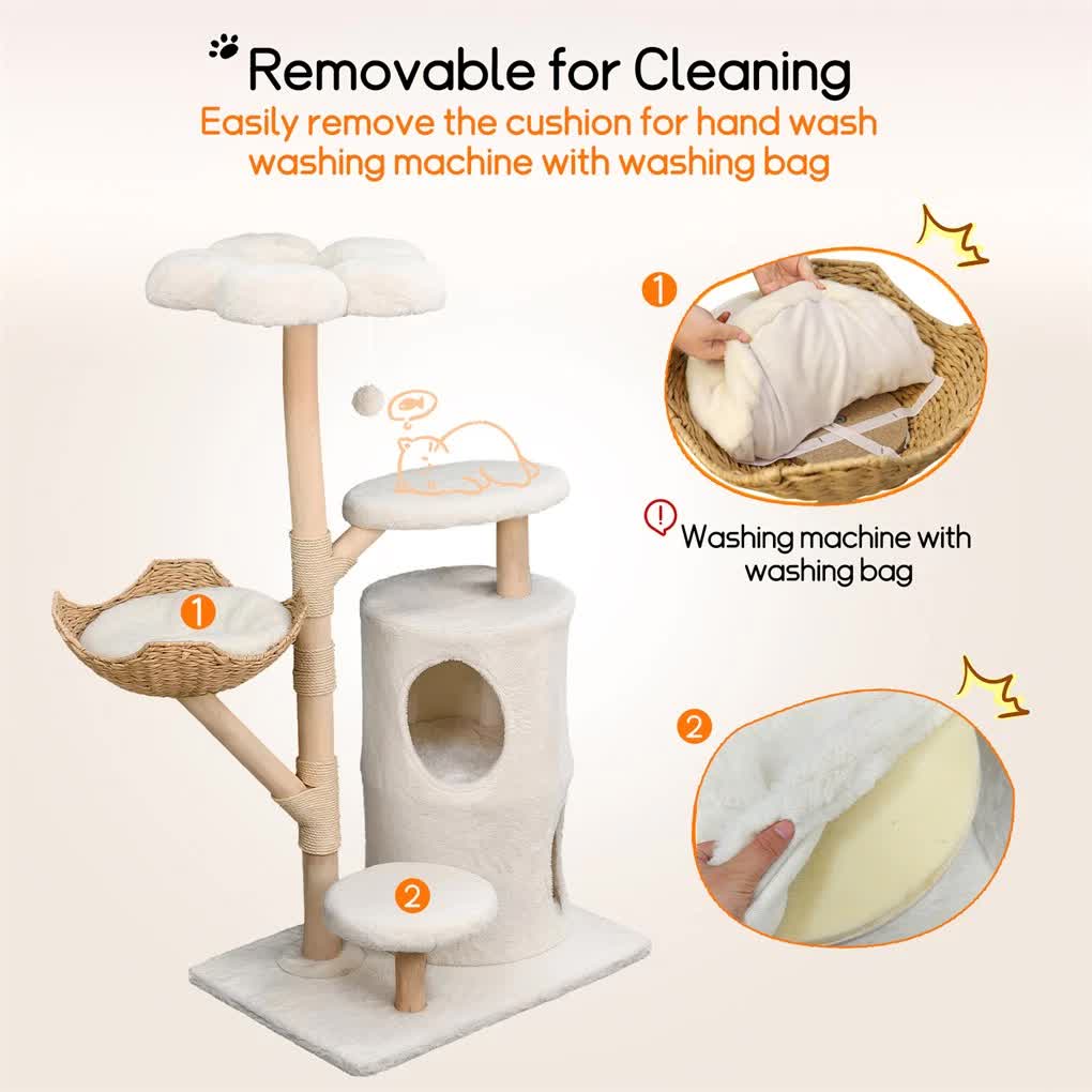 142cm Large Tall Cat Tree Tower with Soft Flower Perch & Condo - Multi-Level Cat Furniture for Kittens & V767-P-XM1866-WT