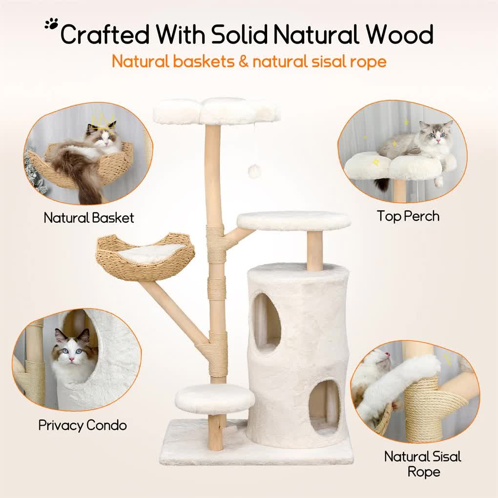 142cm Large Tall Cat Tree Tower with Soft Flower Perch & Condo - Multi-Level Cat Furniture for Kittens & V767-P-XM1866-WT