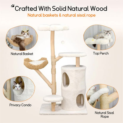 142cm Large Tall Cat Tree Tower with Soft Flower Perch & Condo - Multi-Level Cat Furniture for Kittens & V767-P-XM1866-WT