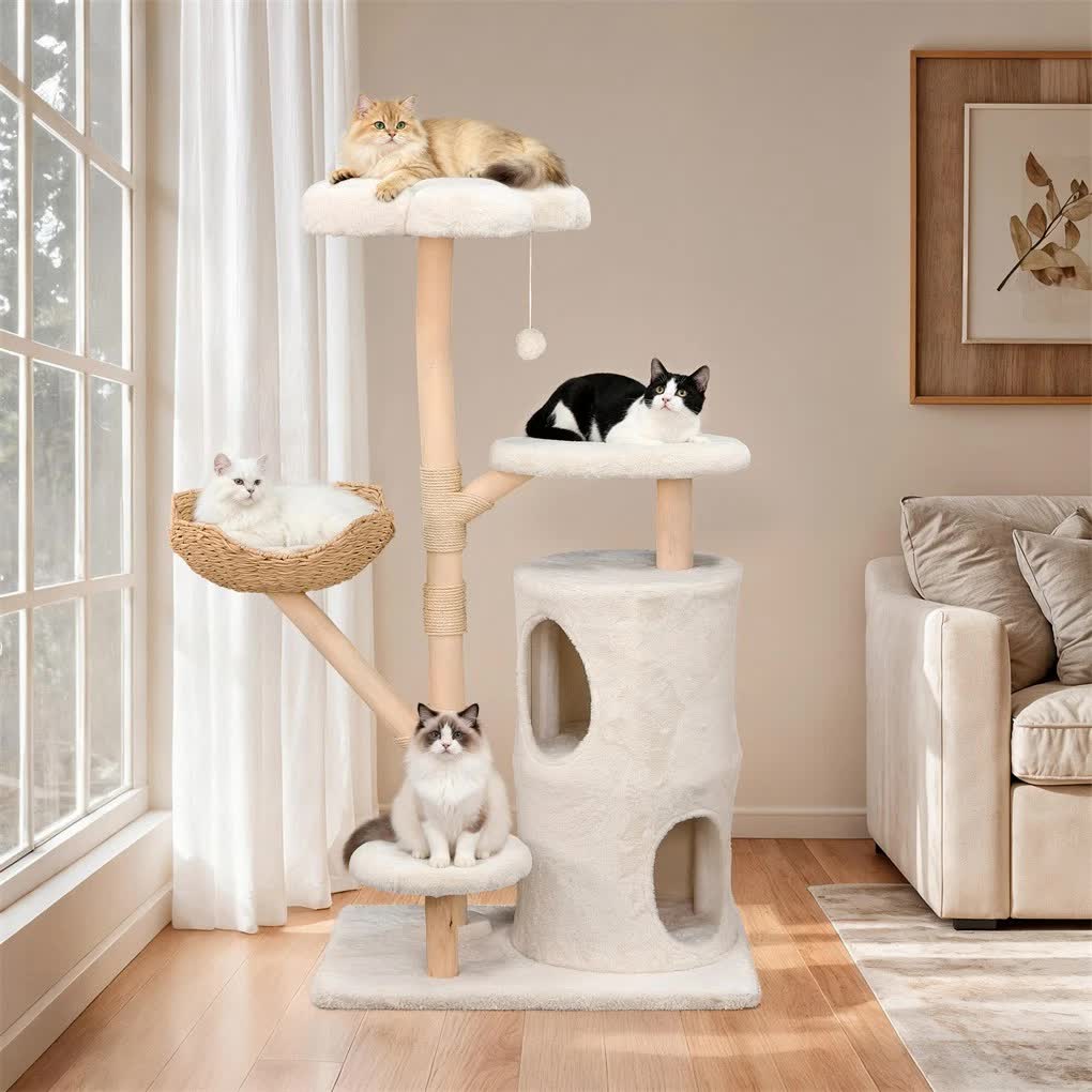 142cm Large Tall Cat Tree Tower with Soft Flower Perch & Condo - Multi-Level Cat Furniture for Kittens & V767-P-XM1866-WT