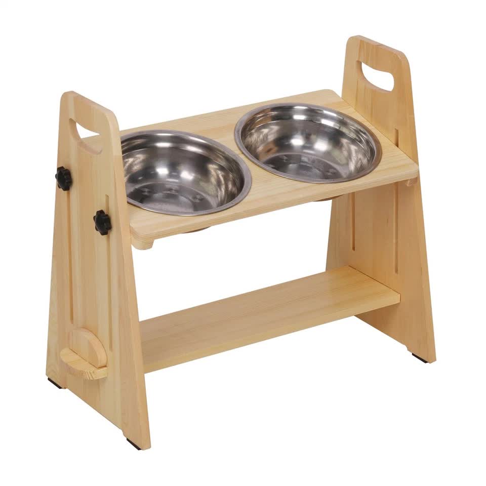 Wooden Elevated Dog Food Bowl with 2 Stainless Steel Bowls Adjustable Pet Feeding Station for Dogs and Cats V767-P-ZF1317-G1