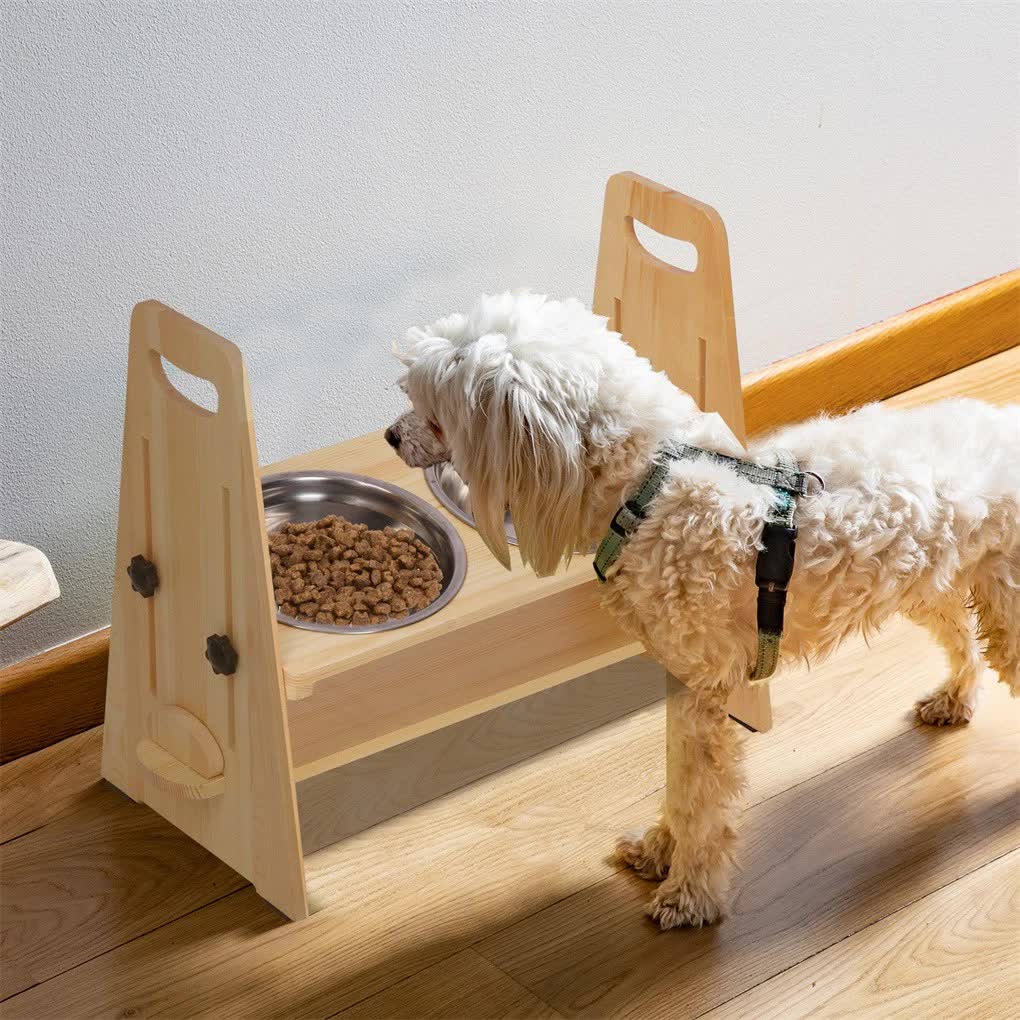 Wooden Elevated Dog Food Bowl with 2 Stainless Steel Bowls Adjustable Pet Feeding Station for Dogs and Cats V767-P-ZF1317-G1