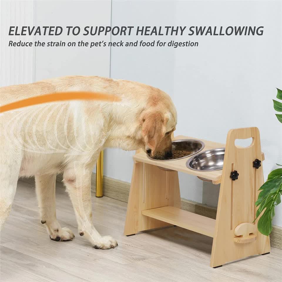Wooden Elevated Dog Food Bowl with 2 Stainless Steel Bowls Adjustable Pet Feeding Station for Dogs and Cats V767-P-ZF1317-G1