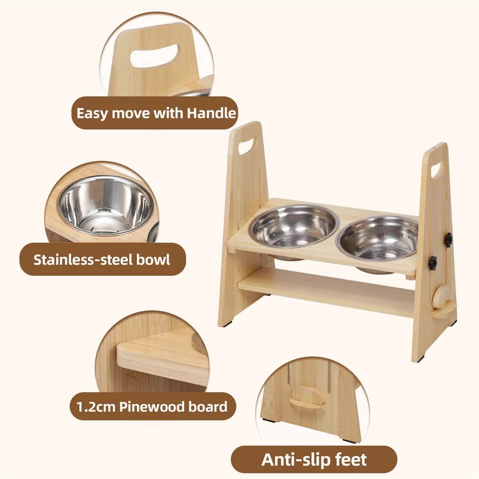 Wooden Elevated Dog Food Bowl with 2 Stainless Steel Bowls Adjustable Pet Feeding Station for Dogs and Cats V767-P-ZF1317-G1