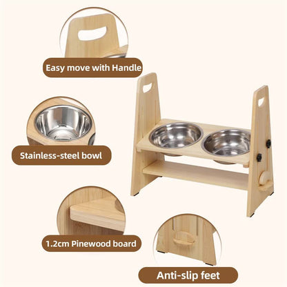 Wooden Elevated Dog Food Bowl with 2 Stainless Steel Bowls Adjustable Pet Feeding Station for Dogs and Cats V767-P-ZF1317-G1