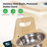 Wooden Elevated Dog Food Bowl with 2 Stainless Steel Bowls Adjustable Pet Feeding Station for Dogs and Cats V767-P-ZF1317-G1