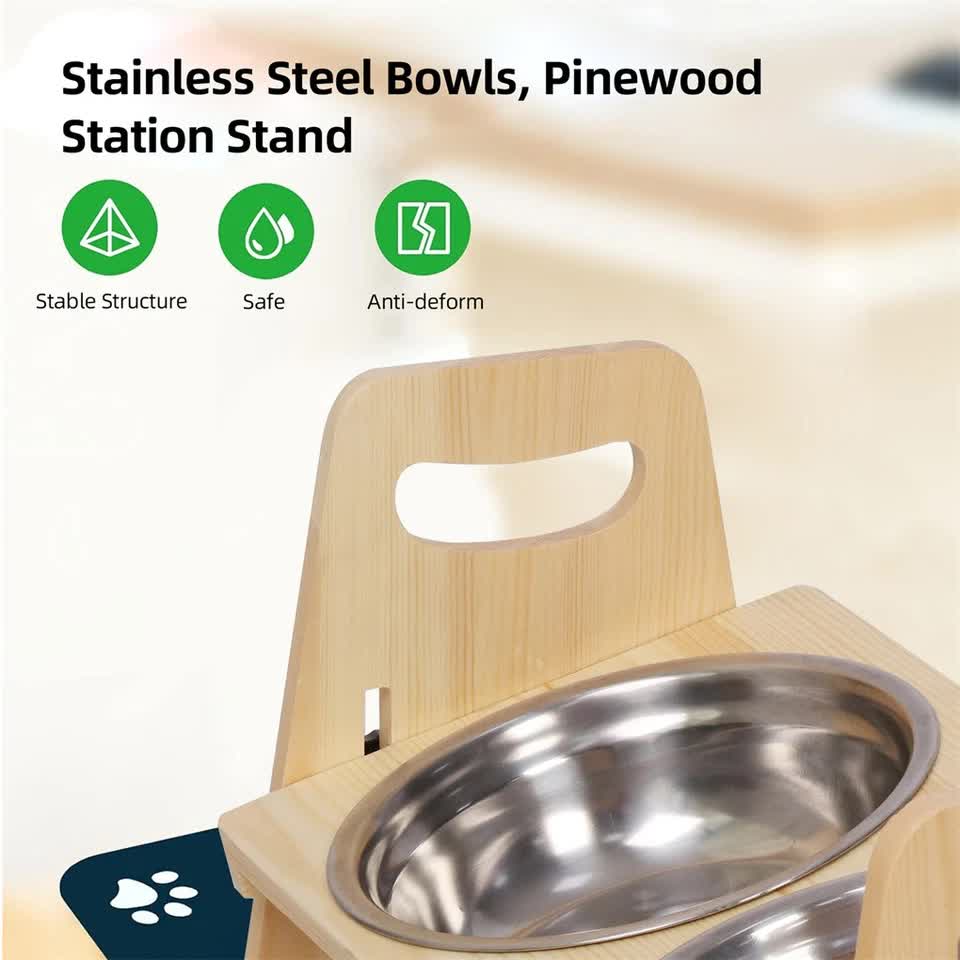Wooden Elevated Dog Food Bowl with 2 Stainless Steel Bowls Adjustable Pet Feeding Station for Dogs and Cats V767-P-ZF1317-G1