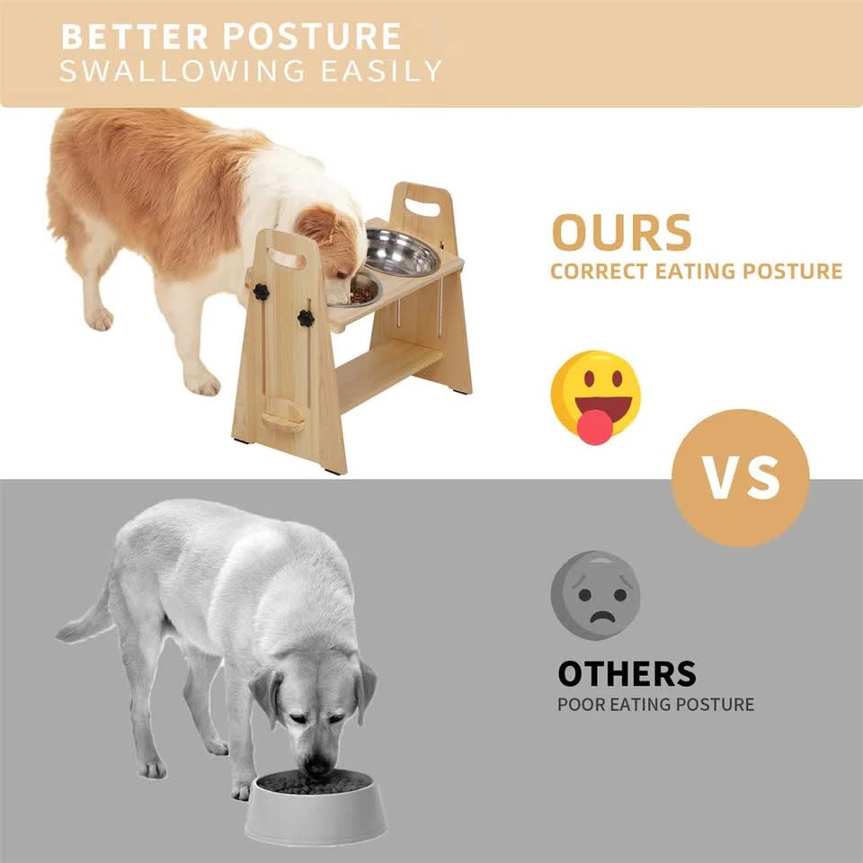 Wooden Elevated Dog Food Bowl with 2 Stainless Steel Bowls Adjustable Pet Feeding Station for Dogs and Cats V767-P-ZF1317-G1