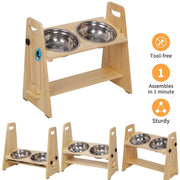 Wooden Elevated Dog Food Bowl with 2 Stainless Steel Bowls Adjustable Pet Feeding Station for Dogs and Cats V767-P-ZF1317-G1