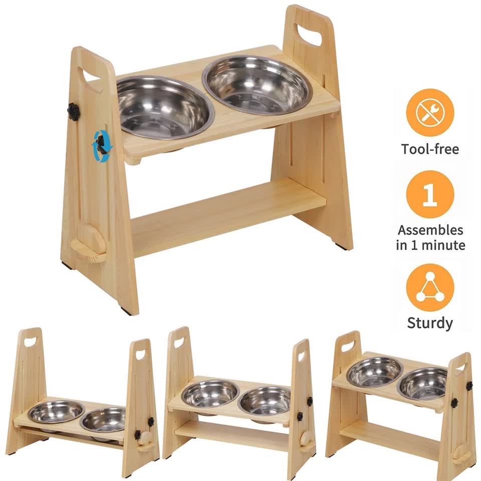 Wooden Elevated Dog Food Bowl with 2 Stainless Steel Bowls Adjustable Pet Feeding Station for Dogs and Cats V767-P-ZF1317-G1