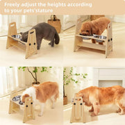 Wooden Elevated Dog Food Bowl with 2 Stainless Steel Bowls Adjustable Pet Feeding Station for Dogs and Cats V767-P-ZF1317-G1