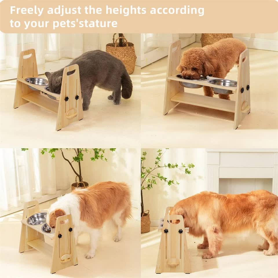 Wooden Elevated Dog Food Bowl with 2 Stainless Steel Bowls Adjustable Pet Feeding Station for Dogs and Cats V767-P-ZF1317-G1