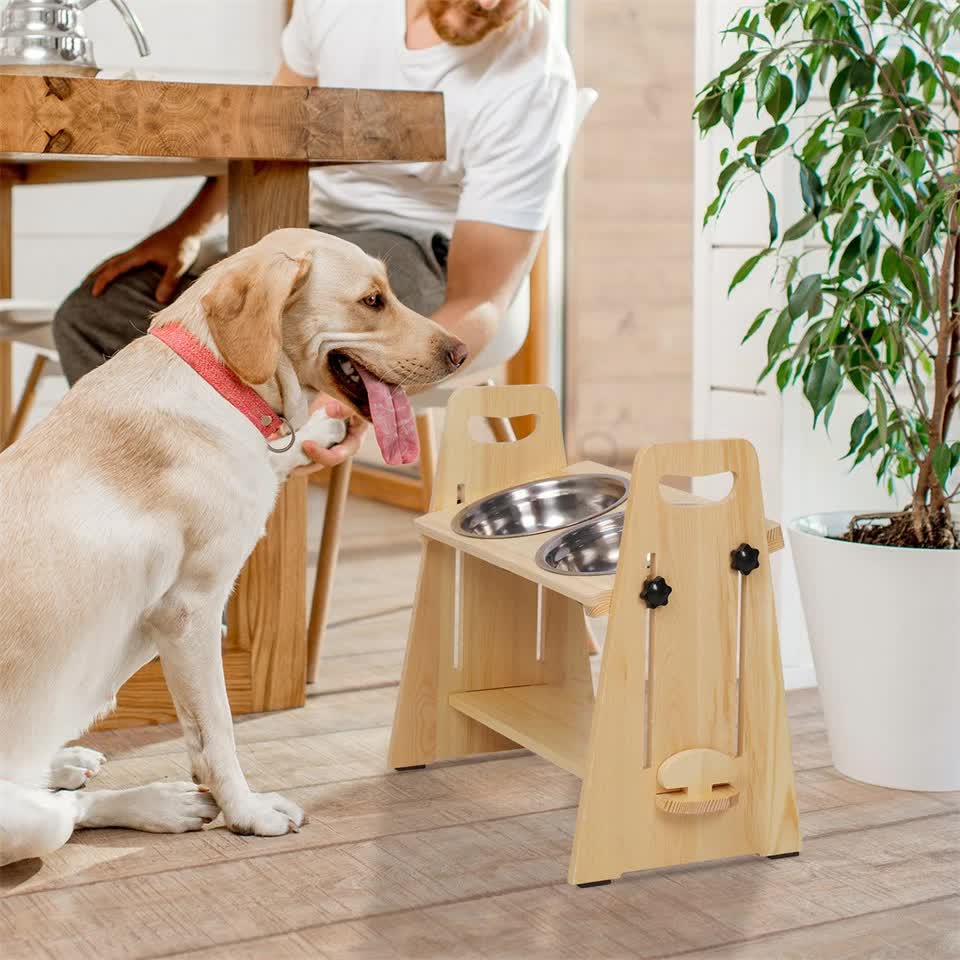 Wooden Elevated Dog Food Bowl with 2 Stainless Steel Bowls Adjustable Pet Feeding Station for Dogs and Cats V767-P-ZF1317-G1