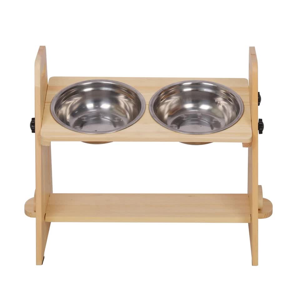 Wooden Elevated Dog Food Bowl with 2 Stainless Steel Bowls Adjustable Pet Feeding Station for Dogs and Cats V767-P-ZF1317-G1