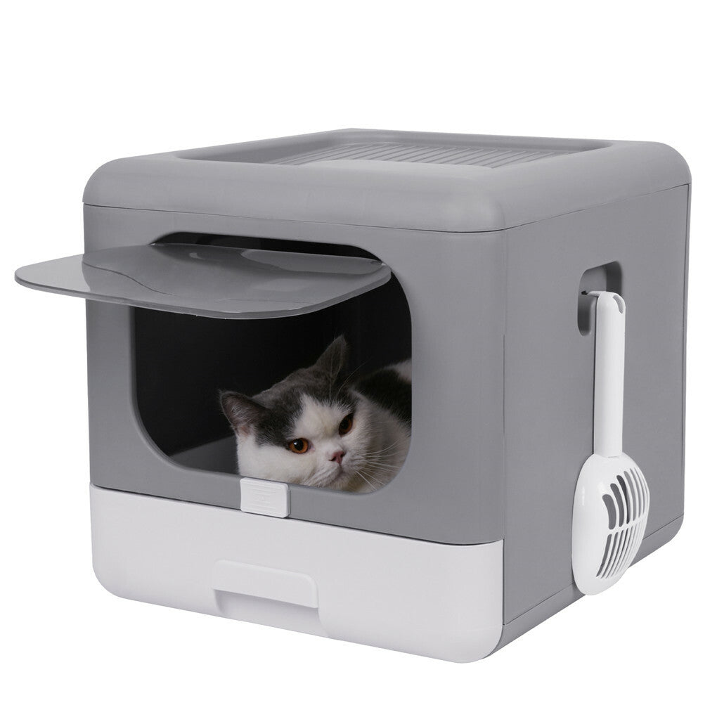 Foldable Fully Enclosed Hooded Cat Litter Box Self-Cleaning Kitty Toilet w Tray V767-P-ZM118