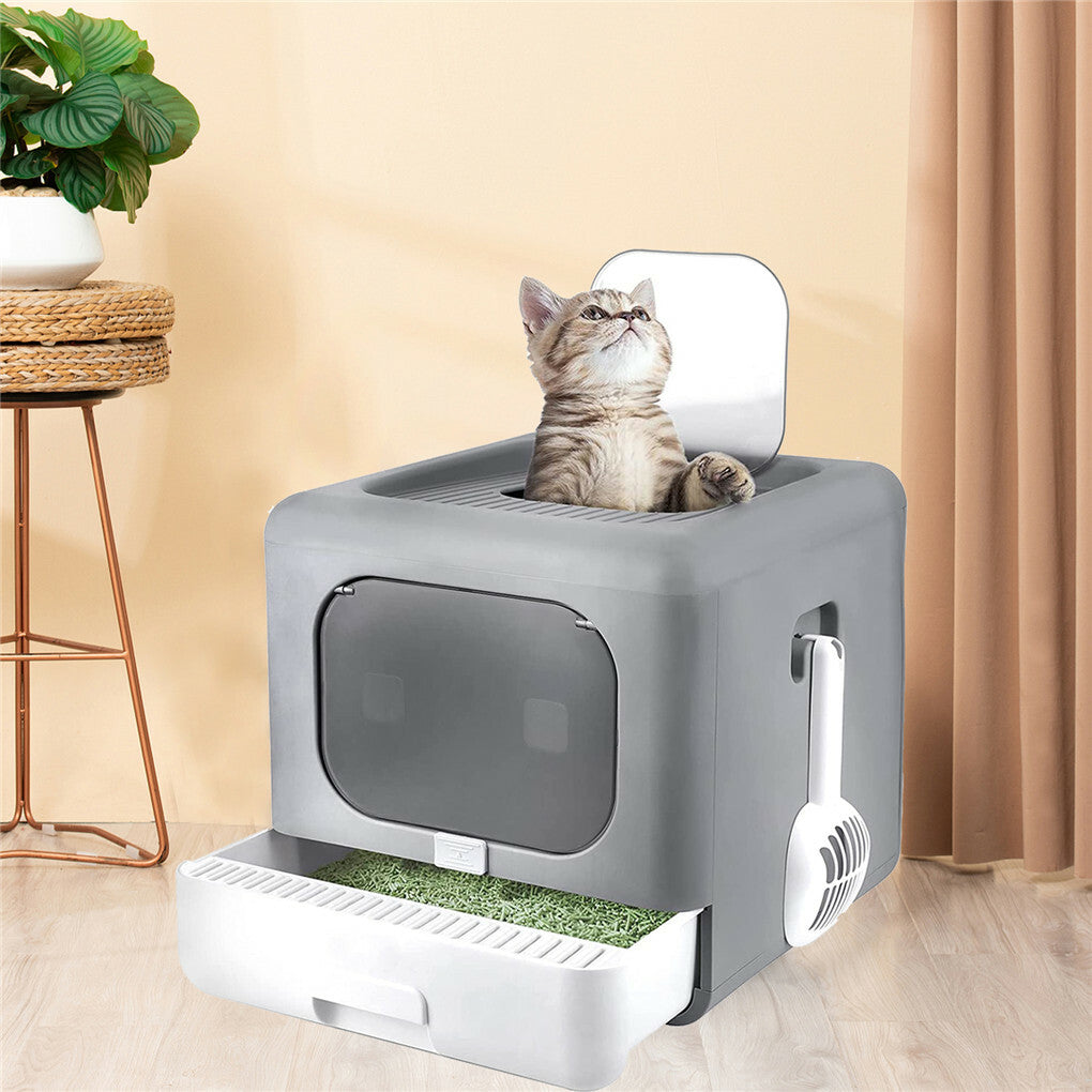 Foldable Fully Enclosed Hooded Cat Litter Box Self-Cleaning Kitty Toilet w Tray V767-P-ZM118