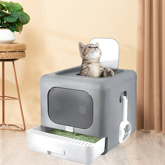 Foldable Fully Enclosed Hooded Cat Litter Box Self-Cleaning Kitty Toilet w Tray V767-P-ZM118