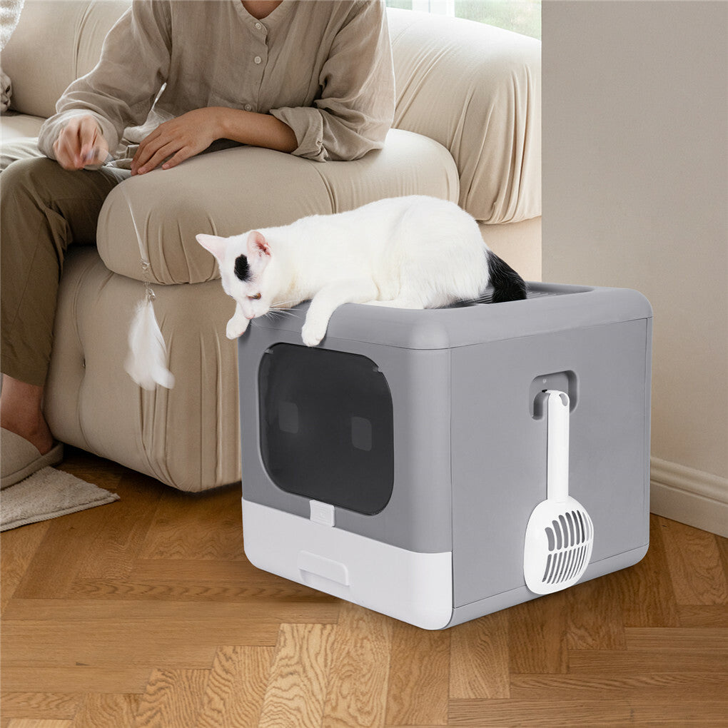 Foldable Fully Enclosed Hooded Cat Litter Box Self-Cleaning Kitty Toilet w Tray V767-P-ZM118