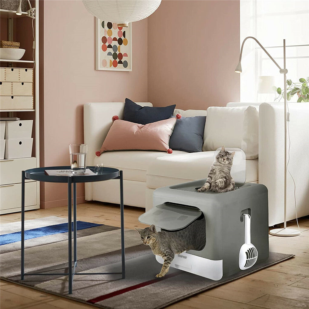 Foldable Fully Enclosed Hooded Cat Litter Box Self-Cleaning Kitty Toilet w Tray V767-P-ZM118