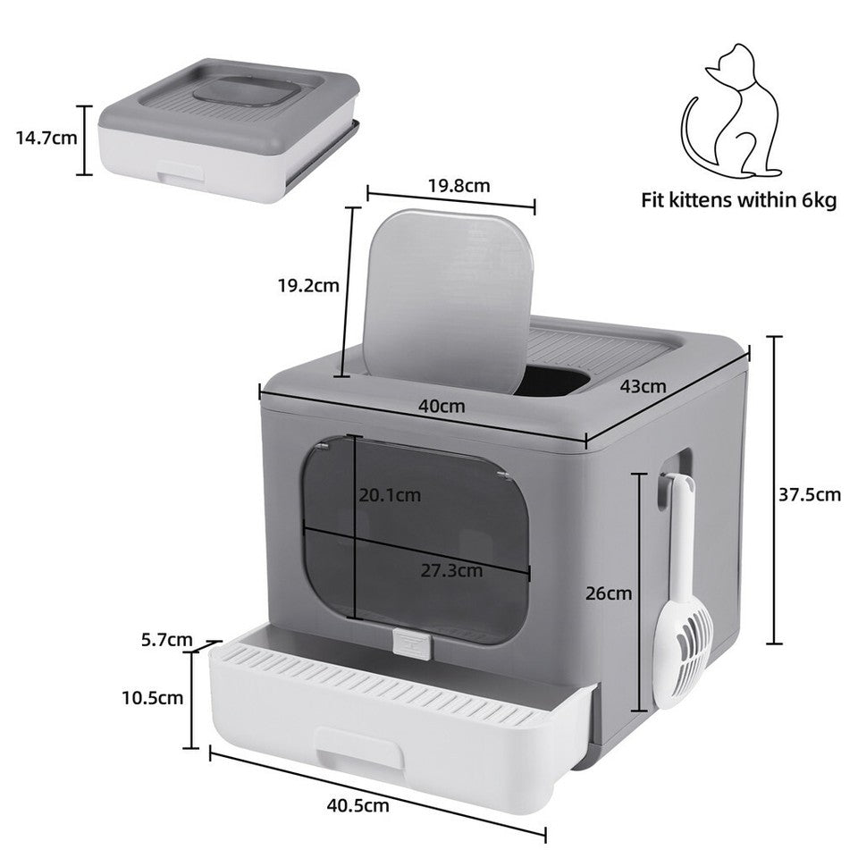 Foldable Fully Enclosed Hooded Cat Litter Box Self-Cleaning Kitty Toilet w Tray V767-P-ZM118
