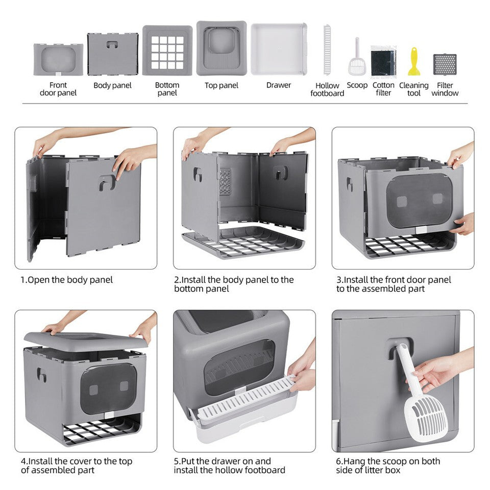 Foldable Fully Enclosed Hooded Cat Litter Box Self-Cleaning Kitty Toilet w Tray V767-P-ZM118