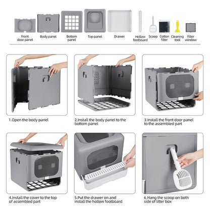Foldable Fully Enclosed Hooded Cat Litter Box Self-Cleaning Kitty Toilet w Tray V767-P-ZM118