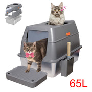 65L Big Cat Stainless Steel Litter Box With Lid High Wall With Triple Pedal Gray V767-P-ZM1636