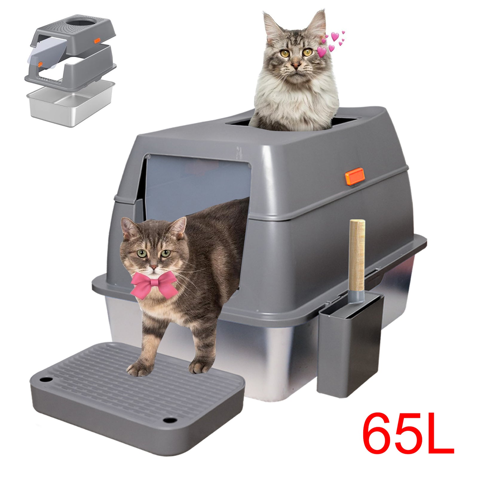 65L Big Cat Stainless Steel Litter Box With Lid High Wall With Triple Pedal Gray V767-P-ZM1636