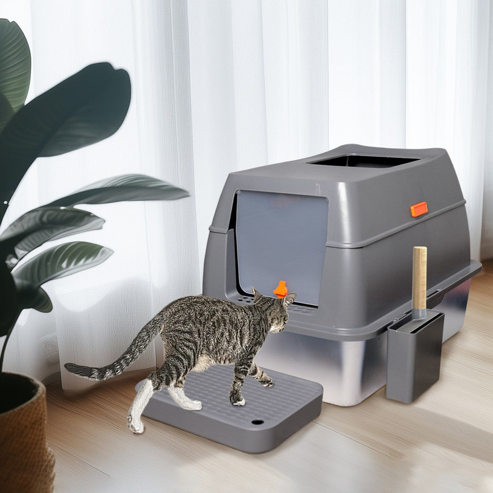 65L Big Cat Stainless Steel Litter Box With Lid High Wall With Triple Pedal Gray V767-P-ZM1636