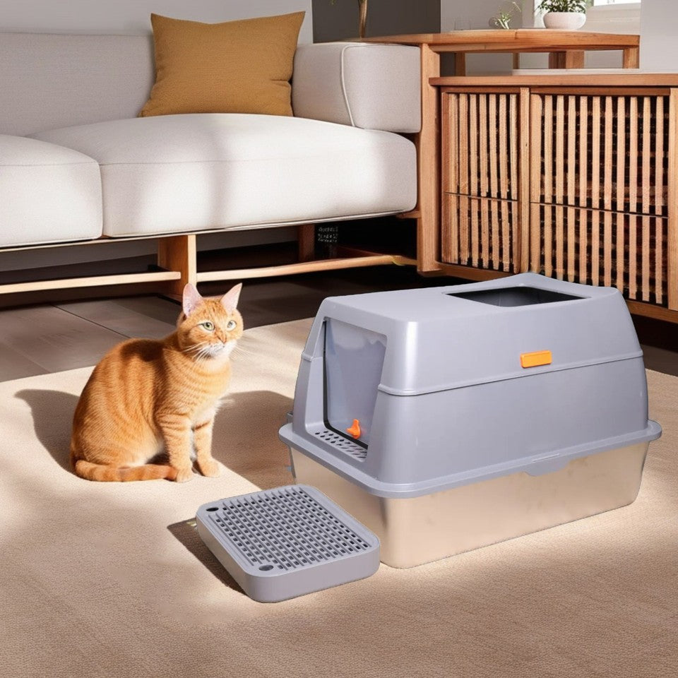 65L Big Cat Stainless Steel Litter Box With Lid High Wall With Triple Pedal Gray V767-P-ZM1636