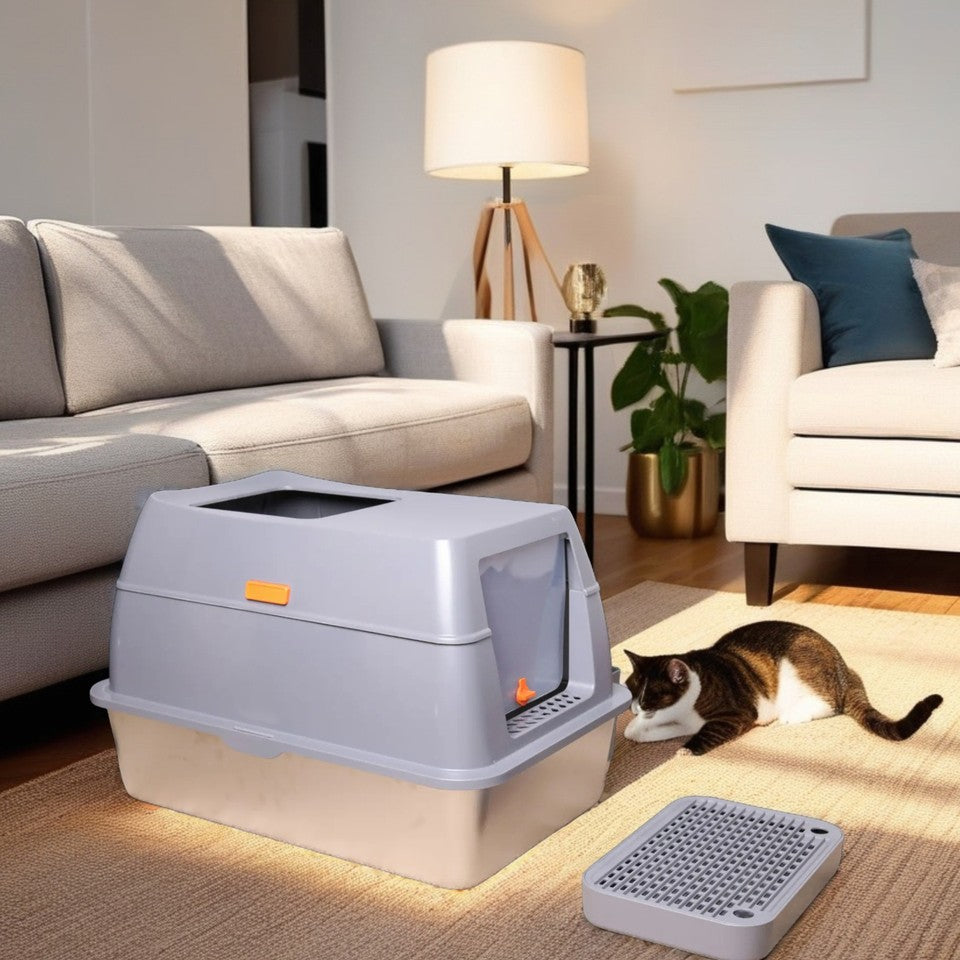 65L Big Cat Stainless Steel Litter Box With Lid High Wall With Triple Pedal Gray V767-P-ZM1636