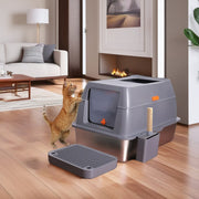 65L Big Cat Stainless Steel Litter Box With Lid High Wall With Triple Pedal Gray V767-P-ZM1636