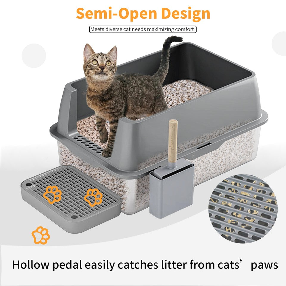 65L Big Cat Stainless Steel Litter Box With Lid High Wall With Triple Pedal Gray V767-P-ZM1636