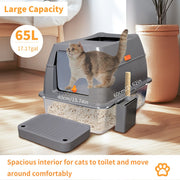 65L Big Cat Stainless Steel Litter Box With Lid High Wall With Triple Pedal Gray V767-P-ZM1636