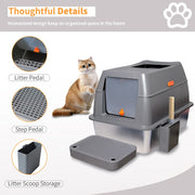 65L Big Cat Stainless Steel Litter Box With Lid High Wall With Triple Pedal Gray V767-P-ZM1636