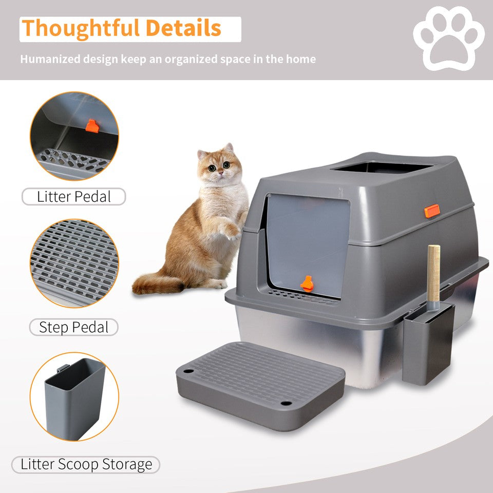 65L Big Cat Stainless Steel Litter Box With Lid High Wall With Triple Pedal Gray V767-P-ZM1636