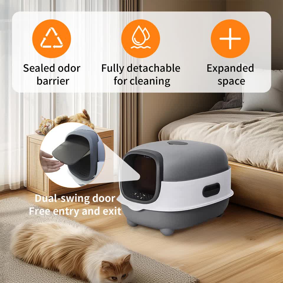 Large Capacity Enclosed Cat Litter Box with Hood and Scoop, Leak-Proof Design V767-P-ZM1674