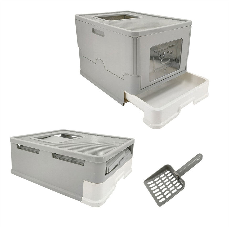Large Enclosed Cat Litter Box Foldable Cat Kitten Toilet Box with Slide-Out Tray V767-P-ZM1726-GY