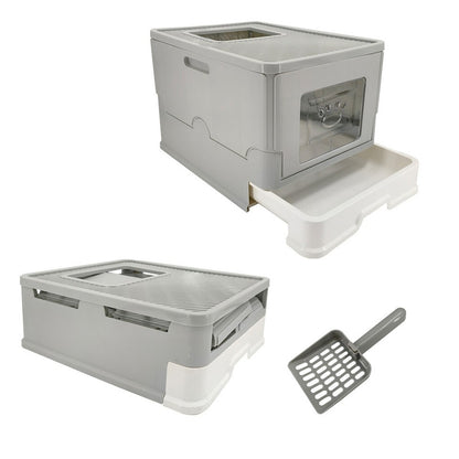 Large Enclosed Cat Litter Box Foldable Cat Kitten Toilet Box with Slide-Out Tray V767-P-ZM1726-GY