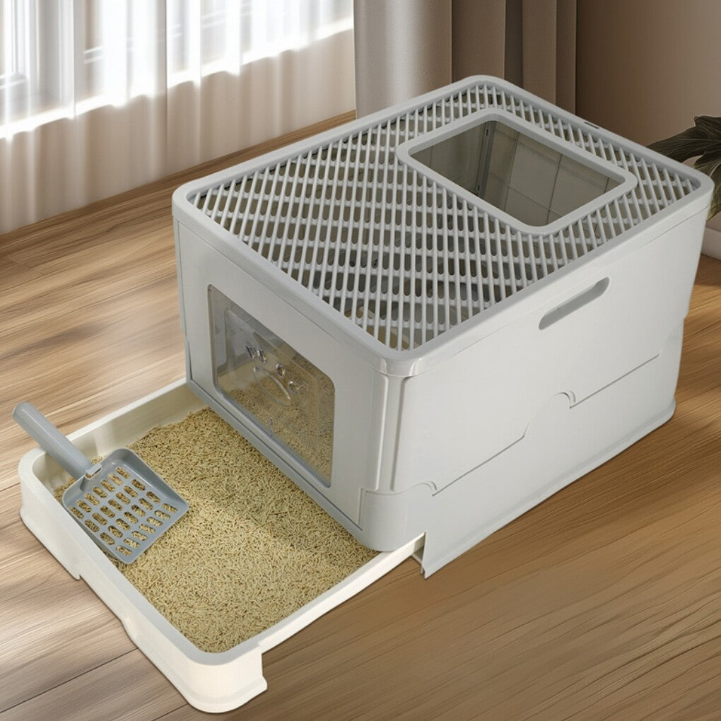 Large Enclosed Cat Litter Box Foldable Cat Kitten Toilet Box with Slide-Out Tray V767-P-ZM1726-GY
