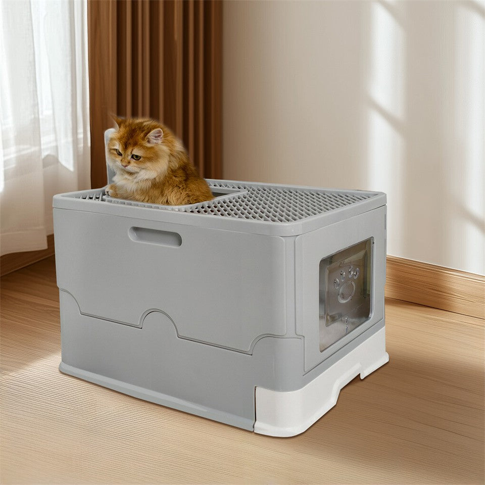 Large Enclosed Cat Litter Box Foldable Cat Kitten Toilet Box with Slide-Out Tray V767-P-ZM1726-GY