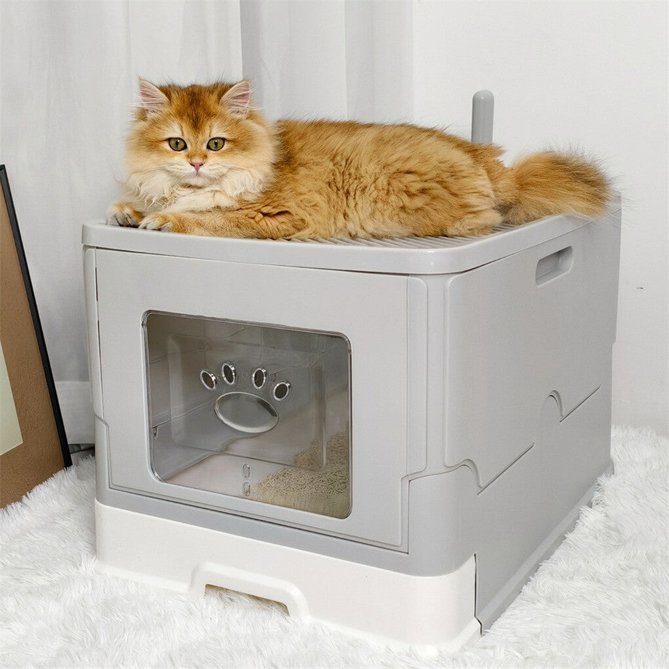 Large Enclosed Cat Litter Box Foldable Cat Kitten Toilet Box with Slide-Out Tray V767-P-ZM1726-GY