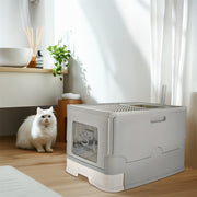 Large Enclosed Cat Litter Box Foldable Cat Kitten Toilet Box with Slide-Out Tray V767-P-ZM1726-GY