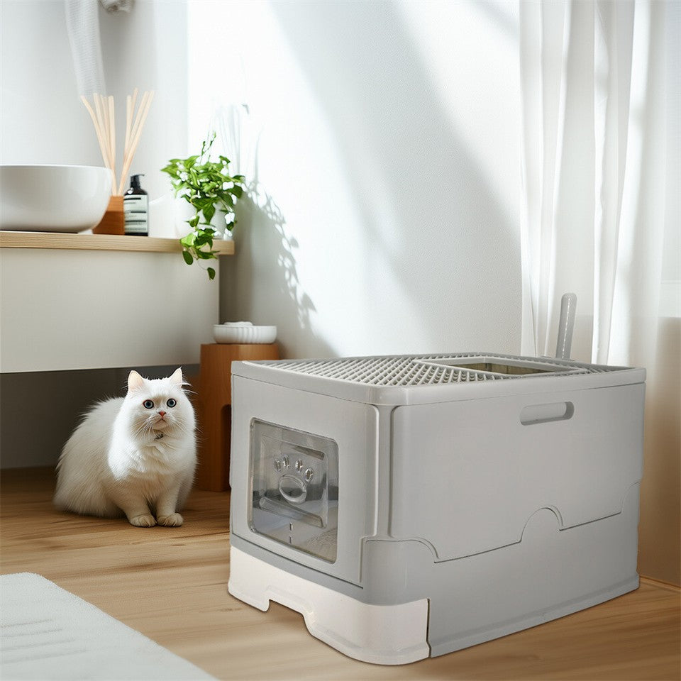 Large Enclosed Cat Litter Box Foldable Cat Kitten Toilet Box with Slide-Out Tray V767-P-ZM1726-GY